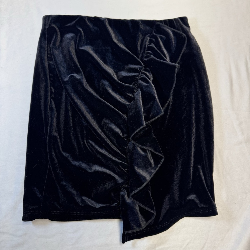 Forever 21 Black Velvet Ruffle Short Straight Pencil Skirt S Women's
